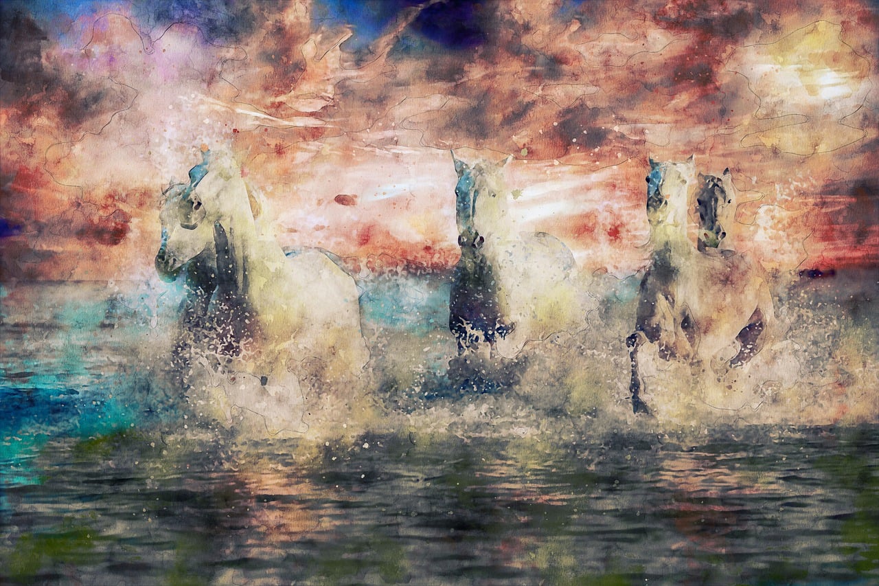 Watercolor of white horses running through shallow water at sunset